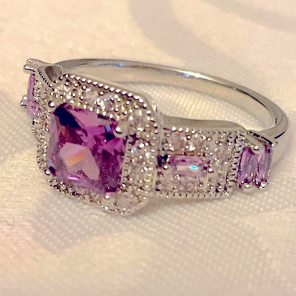 Fashion Jewelry Jewelry - Created Pink Sapphire Princess Halo Ring Size 8 Silvertone Band